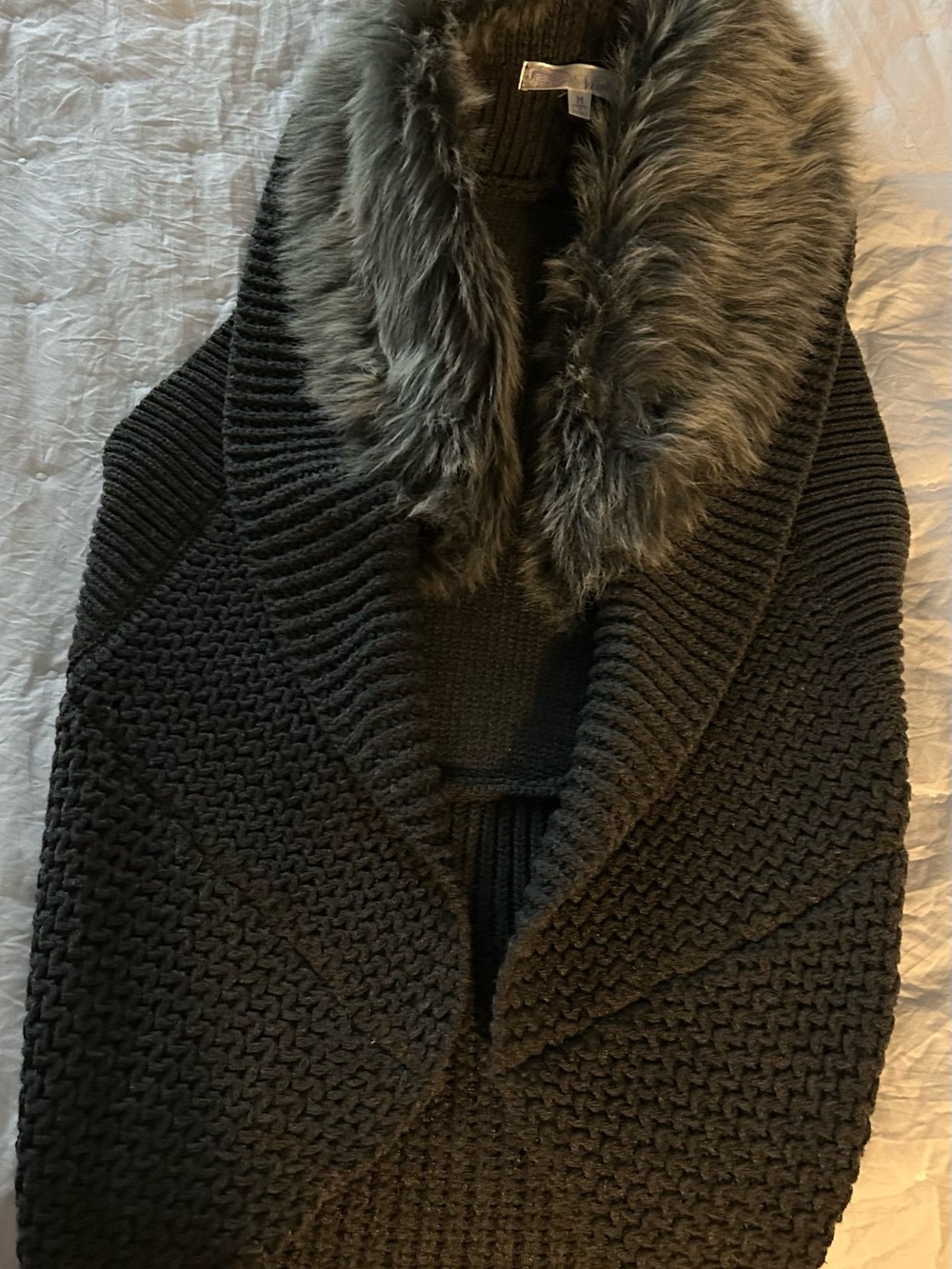 Women's Dark Charcoal Knit Sweater with Faux Fur Collar